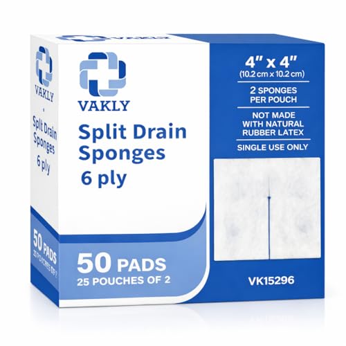 Vakly Split Drain Sponge Gauze 4x4 Sterile 6-Ply 50 Count (25 Packs of 2) Pre-Cut Slit Absorbent Non-Woven Pads for I.V. Lines Tracheostomy & Wound Care