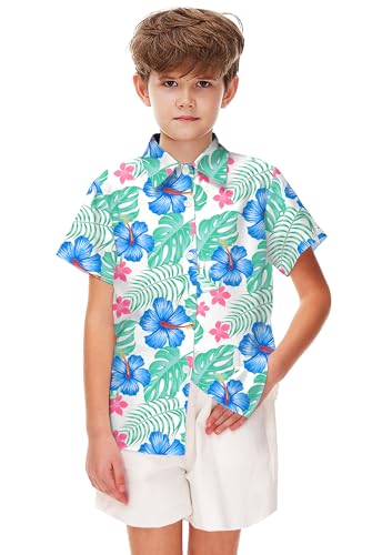 Image of Remimi Unisex Kids 4th of July Button Up Shirt Boys American Flag Print Hawaiian Beach Short Sleeve Tops 5-14 Years
