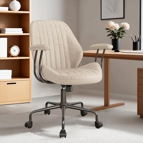 Image of ovios Ergonomic Office Chair, Mid Back Faux Leather Executive Chairs with Armrests, Comfy Mid-Century Modern Swivel Rolling Computer Armchair (Beige, Suede Leather)