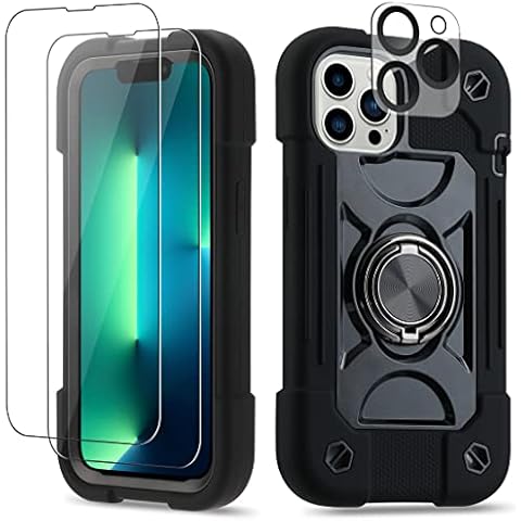 Cookiver for iPhone 13 Pro Max Case 6.7 Inch with Ring Stand, with 2 Pack Glass Screen Protector + 1 Pack Camera Lens Protector,Heavy-Duty Shockproof Cover for iPhone 13 Pro Max (Black) Cover