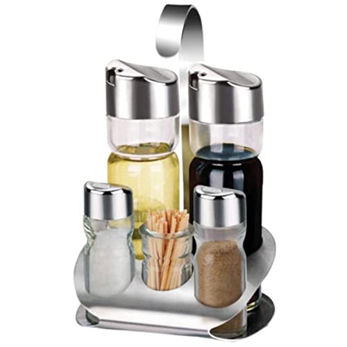 Muzrunq Cruet Set Stainless Steel Kitchen Spice Bottles Set with Stand Salt and Pepper Shakers Oil and Vinegar Box Condiment Server Holder-Cooking Tools 5Pcs