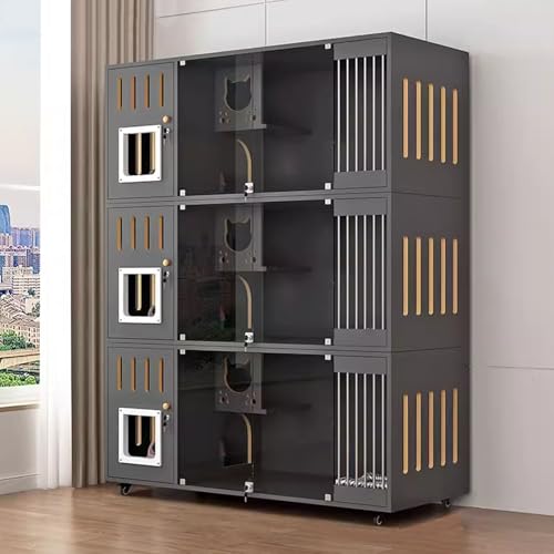 猫 ケージ キャットケージ 木製 ナチュラル 猫 1/2/3段 ワイド 室内猫用木製猫ハウス、多機能猫コンドミニアム グリルデザイン、車輪付き、移動が簡単スライドドア キャスター付 キャットハウス 留守番 保護 脱走防止 多頭飼い おしゃれ、大型猫ケージ、