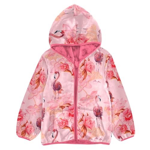 OTVEE Pink Flowers and Flamingo Kids Hoodie Jacket Fall Spring Full Zip Warm Outwear Coat