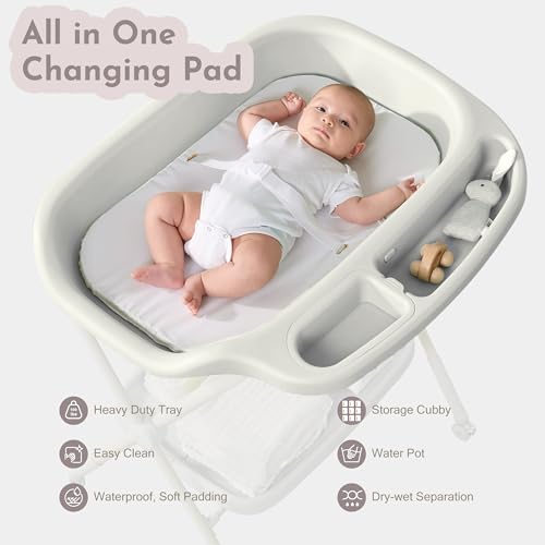 Image of Sweeby Baby Changing Table, Large Diaper Organizer for Baby Essentials,Adjustable Height and Portable, Waterproof Changing Table Pad Topper, Mobile Nursery for Infant and Newborn, Cream