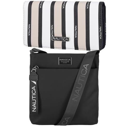 Nautica Diver Crossbody Tote in Black Enamel and Seaside Slim Wallet in Multi Stripe