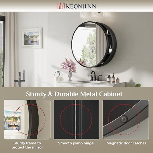 Keonjinn 24 x 24 In Round Medicine Cabinets for Bathroom, Black Mirror Surface Mount Medicine Cabinet, Circle Black Medicine Cabinet with Mirror, Adjustable Shelves Framed Bathroom Mirror with Storage