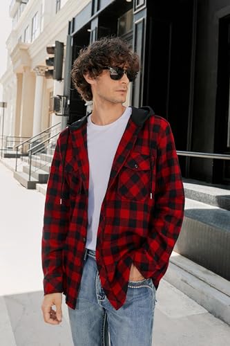 Cromoncent Men's Long Sleeve Hoodie Jacket Plaid Button Down Flannel Shirt Jacket,Hooded Red Black,Small — view 3