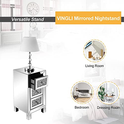 Image of VINGLI 3-Drawer Mirrored Nightstand Bedside Table Modern Night Stands Set of 2 Glass Accent End Table, Fully Assembled, Silver