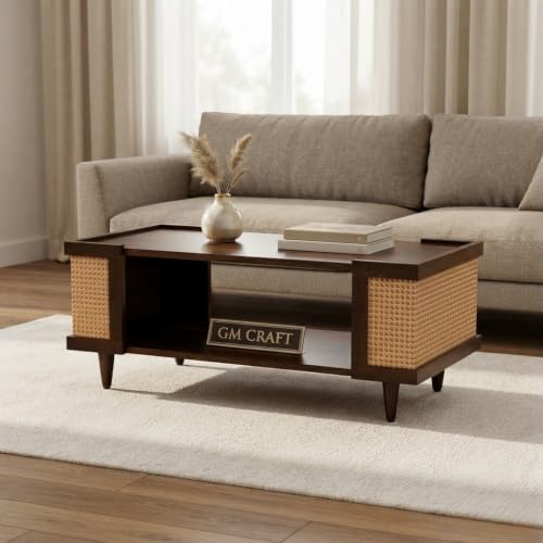 Image of Wooden Center Table for Living Room | Modern Rectangular Center Coffee Table with Open Storage Shelf & Rattan Cane Side Panels | Stylish Wooden Centre Table for Home, Lounge & Drawing Room