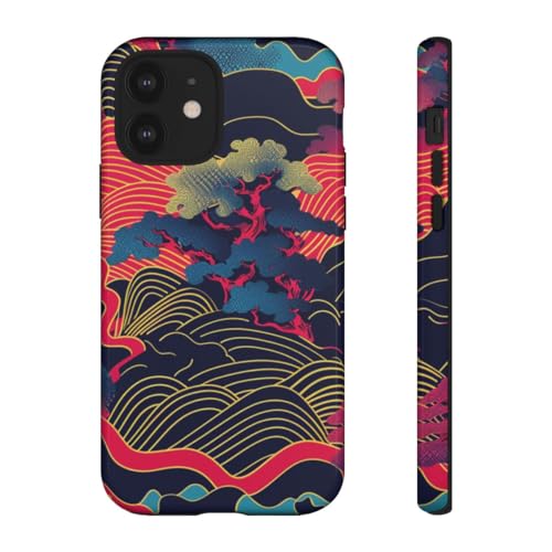 Coque rigide iPhone 12 paysage japonais anti-rayures bleu brillant