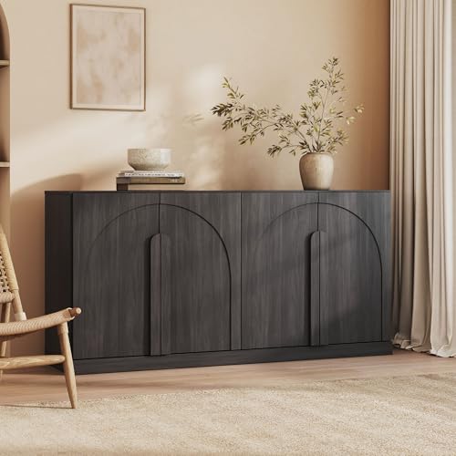 Image of BELLEZE Bijou 64 inch Modern Buffet Sideboard, Mid-Century Arch Carved Wood Door Cabinet, Textured Storage Console for Living Room, Kitchen, Entryway - Ebony