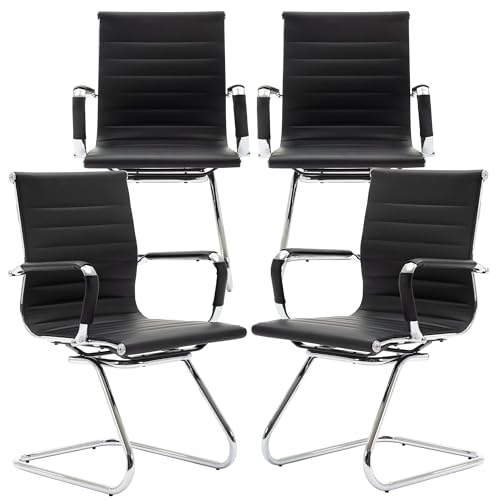 Black Office Desk Chair No Wheels Set of 4 PU Leather Computer Chairs Mid Back Guest Chairs for School Reception Conference Waiting Room, Black