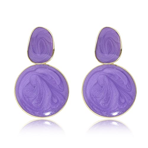 Handmade Circle Round Dangle Drop Earrings for Women Girls Colorful S925 Sterling Silver Post Disc Coin Geometric Aesthetic Statement Earrings for Women Gift for Her (Purple)