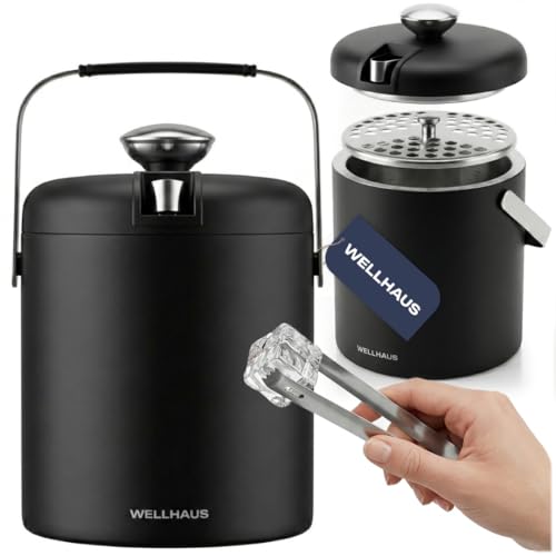 Wellhaus Bac à glaçons avec couvercle - Seau à glace pour glaçons en acier inoxydable de 1,3 l - Double paroi et isolé - En pince à glaçons - Compact et peu encombrant - Idéal pour les petites
