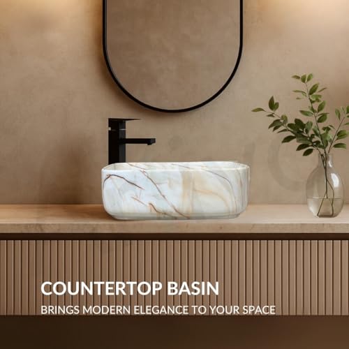 Image of Artiva Ceramic Wash Basin /Tabletop Washbasin For Bathroom,12 inchx16 inch /Small Countetop Bathroom Basin /Table Top Basin For Home,Office,Hotel /Rectangle Glossy Sink (Marbo-Beige,12x16 Inch)