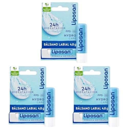 Liposan Hydro Care FPS 15 (1 x 4,8 g), cacao de labios con 24 horas de hidratación, bálsamo labial con protección solar, bálsamo hidratante para unos labios bonitos y suaves (Paquete de 3)