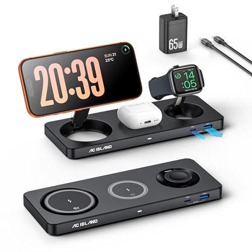 Image of AC ISLAND 5-in-1 Wireless Charger for MagSafe, 25W Foldable Magnetic Stand, Qi2.2 Travel Charging Station for iPhone 17-12 & Air Series, Apple Watch, AirPods, with 65W GaN Adapter, Samsung Galaxy