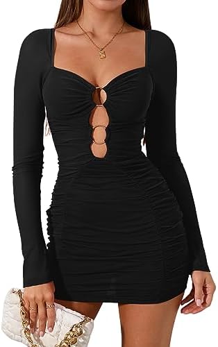 Colysmo Women's Sexy Hollow Out Long Sleeve Bodycon Mini Dress Ru...