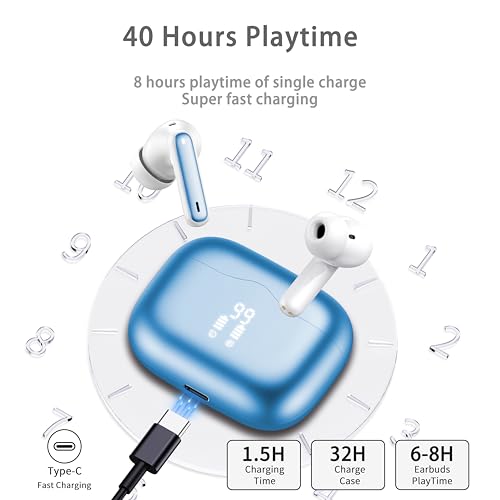 Image of Wireless Earbuds, 2026 Bluetooth 5.4 Ear Buds in Ear with 4 ENC Noise Cancelling Mic, New Wireless Earphones HiFi Stereo Deep Bass 40H Playtime, In-Ear Bluetooth Earbuds LED Display IP7, Lake Blue