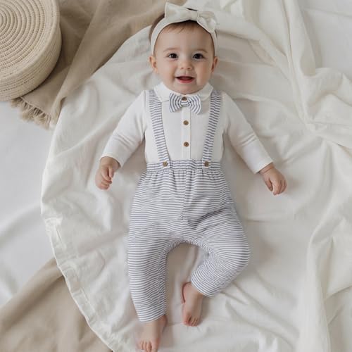 Image of VISGOGO Toddler Boy Linen Outfit Baby Boy Fall Winter Clothes Set Button-Down Shirt Tops Cotton Linen Pants 2PCS (Grey-Striped, 0-6 Months)
