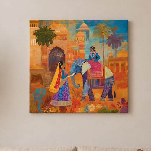 Image of PAINTINGMANTRA Royal Indian Elephant & Mughal Palace Stretched Wall Art Painting For Living Room, Traditional Rajasthani Folk Print Featuring Ethnic Women & Haveli For Home Decor (56x56 cm)