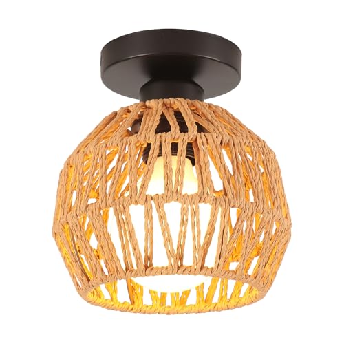 LIGKIN Plafonnier Vintage E27 Lampe de Plafond Rétro Abat-jour en Métal et Rotin Luminaire Plafonnier Industriel pour Chambre à coucher Cuisine Couloir,...