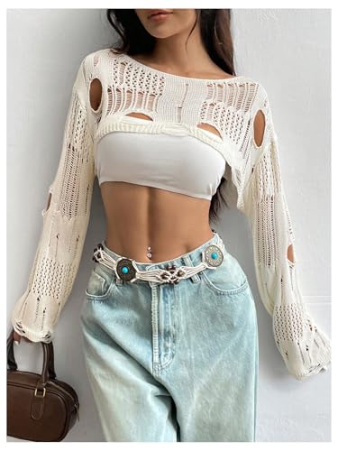 OYOANGLE Women's Ripped Hollow Out Crochet Sweater Boat Neck Long Sleeve Knit Pullover Crop Cover Up3