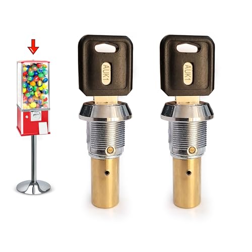 Image of Gumball Machine Lock and Key - Top Lid Lock & Key for Gumball Vending Machine with Metric Thread M6-1.0 mm Center Rod. 2in Capsule Machine & Candy Machines - Replacement Part - (2pc-Flat Key Auk 1)