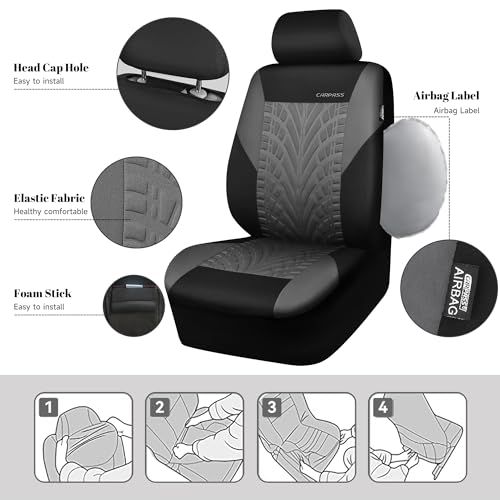 Image of CAR PASS Car Seat Covers Two Front Only for Car, 3D Tyre Print Automotive Interior Covers, Airbag Compatible, Quick Setup Universal Fit Seat Covers for Car, Truck, SUV(Black Gray)