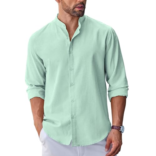 Image of COOFANDY Men's Long Sleeve Oxford Dress Shirts Casual Band Collar Shirts, Ice Green, S