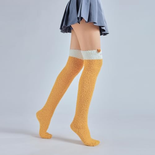 Image of Thigh High Fuzzy Socks Cute Animal Coral Fleece Over the Knee Thigh High Long Stockings Warm Stripe