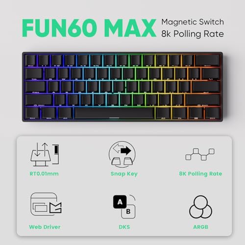 Image of MONSGEEK FUN60 MAX Rapid Trigger Gaming Keyboard 8k SP Magnetic Switch HE Keyboard Multi-Modes Wireless 60% Black Shine-Through, Glare Magnetic Switch