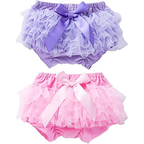 REWANGOING 2 Pack of Toddler Infant Baby Girls Bloomers Lace Ruffle Bowknot Cotton Cute Bloomer Shorts