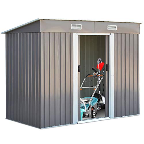 COSTWAY 7’x4’/8’x4’/9’x6’/11’x8’ Metal Storage Shed, Outdoor Lockable Tool Storage Box with 2/4 Vents, Double Sliding Door and Sloped Roof, Weatherproof Garden Shed House Hut (8 x 4FT, 2 Vents)