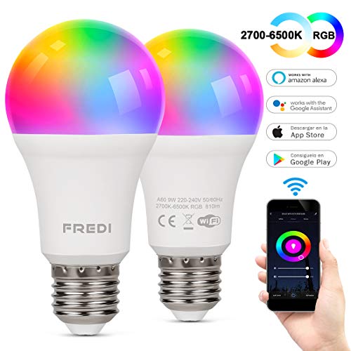 FREDI Smart LED Lampe 2er Pack WLAN Glühbirnen Mehrfarbige Dimmbare LED Glühbirne 9W E27 RGB Lampe mit Alexa und Google für Haus Dekoration, Bar, Party, KTV Bühne, Bettlampe [Energieklasse A+]