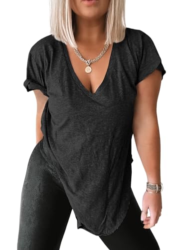 Tankaneo Womens Deep V Neck Short Sleeve T Shirts Side Slit Oversized Summer Loose Tunic Top3