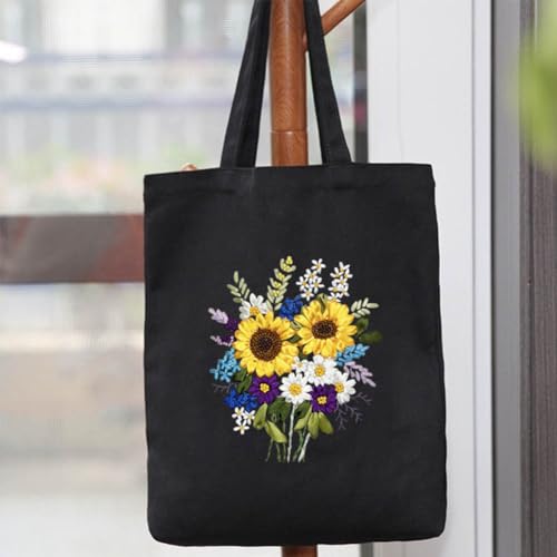 Image of KABAKE Canvas Tote Bag Embroidery Silk Ribbon Kit for Beginners, Arts and DIY Crafts Starter Kit, Includes Stamped Bag, Threads, Tools (Black with Sunflower)