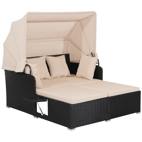 COSTWAY Garden Rattan Daybed Patio 2 Seater Wicker Sun Bed Lounger with Retractable Canopy Folding Side Tables and Cushions Outdoor Double Conversation Furniture for Yard Lawn Poolside (Khaki)