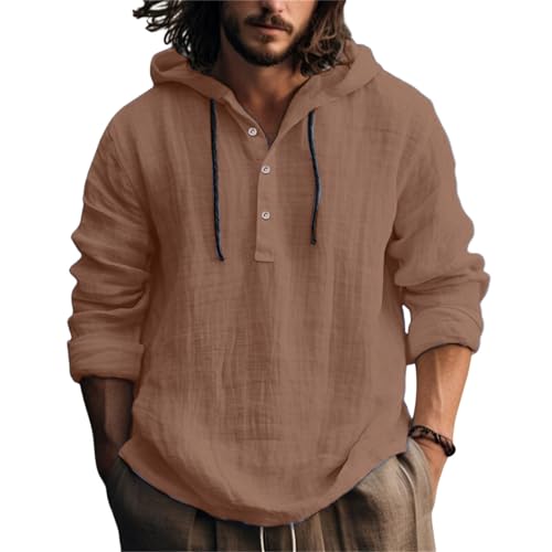 lcyhony Mens Cotton Linen Hoodies Big and Tall Long Sleeve Shirts with Hood Lightweight Comfy Button Down Casual Beach Shirts