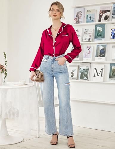 Image of Ekouaer Women Satin Pajamas Set Classic Button Down Long Pjs Set