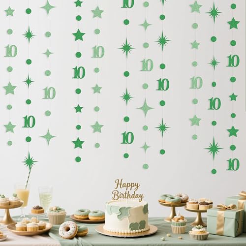 Image of Green 10th Birthday Decorations Number 10 Circle Dot Star Garland Glitter Streamer Banner Backdrop for Girls Boys Double Digits Cheers to 10 Years Old Birthday 10th Anniversary Party Supplies