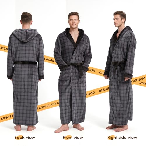 Mens Plush Plaid Hooded Robe, Full Length Fleece Big and Tall Bathrobe with Hood2