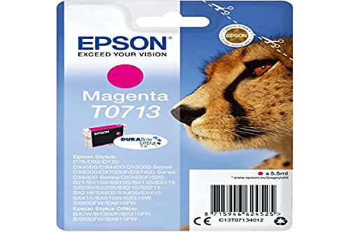 Epson T0713 Guépard Magenta, Cartouche d'encre d'origine, D78 D120 DX4000 DX5000 DX6000 DX7400 DX8400 DX9400F S20 S21 SX100 SX105 SX110 SX200 SX210 SX215 SX400 SX410 SX510W SX600FW BX300F B40W BX600FW Epson T0713 Guépard Magenta, Cartouche d'encre d'origine, D78 D120 DX4000 DX5000 DX6000 DX7400 DX8400 DX9400F S20 S21 SX100 SX105 SX110 SX200 SX210 SX215 SX400 SX410 SX510W SX600FW BX300F B40W BX600FW