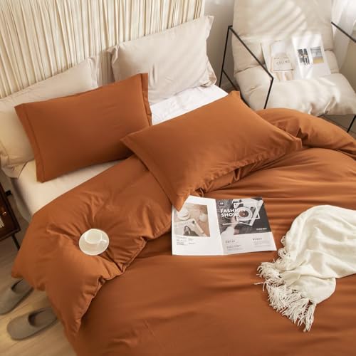 AZMTOP Soft Breathable Queen Duvet Cover 3 Pieces(1 Duvet Cover and 2 Pillowcases) for All Season,Simple Style Fall Bedding Set 100% Prewashed Cotton Quilt Covers Terrocotta 90"X90"