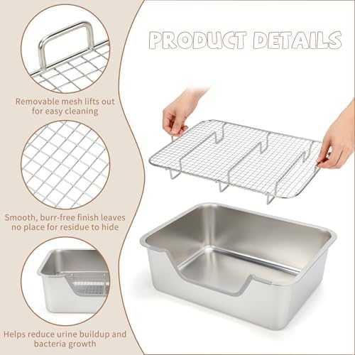 BWOGUE Large Rabbit Litter Box with Raised Grid, Stainless Steel Bunny Litter Pan with Hay Feeder & Water Dispenser, Metal Rabbit Potty Box for Guinea Pigs, Small Animals, Mess-Proof, Easy to Clean - 5