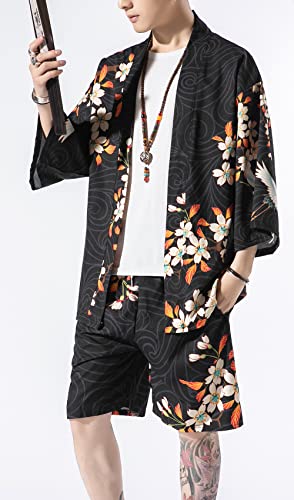 Men's Japanese Style Kimono Tops Shorts Sets Lightweight Casual 3/4 Sleeve Open Front Cardigan Suits4
