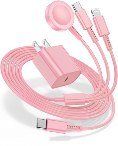 Hcoob for Apple Watch Charger 6FT, 3 in 1 Magnetic Smart iWatch Fast Charger Cable with 20W Type C Wall Charger Block for Apple Watch Series Ultra/SE/9/8/7/6/5/4/3/2/1 & iPhone15/14/13/12/11 (Pink)