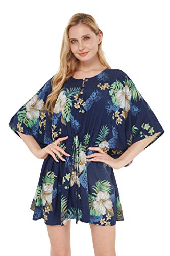 Women's Hawaiian Poncho Luau Dress Pineapple Garden Navy One Size
