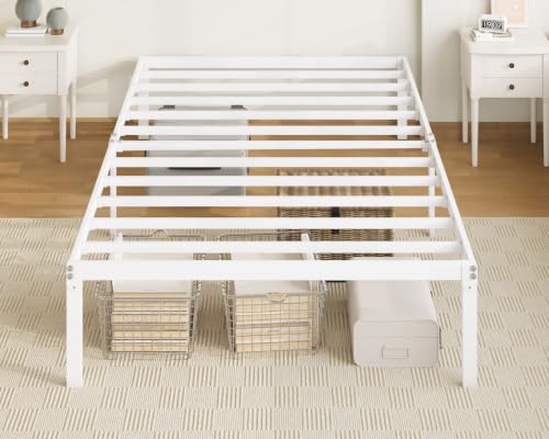 Image of Allewie Twin Bed Frame, 14 inch Metal Platform Beds with Storage Space, No Box Spring Needed and Easy Assembly, White