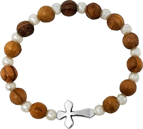 Logos Trading Post Holy Land Olive Wood Stretch Bracelet from Israel, Ornate Wrist Accessory for Business, Casual, or Social Outfit Attire